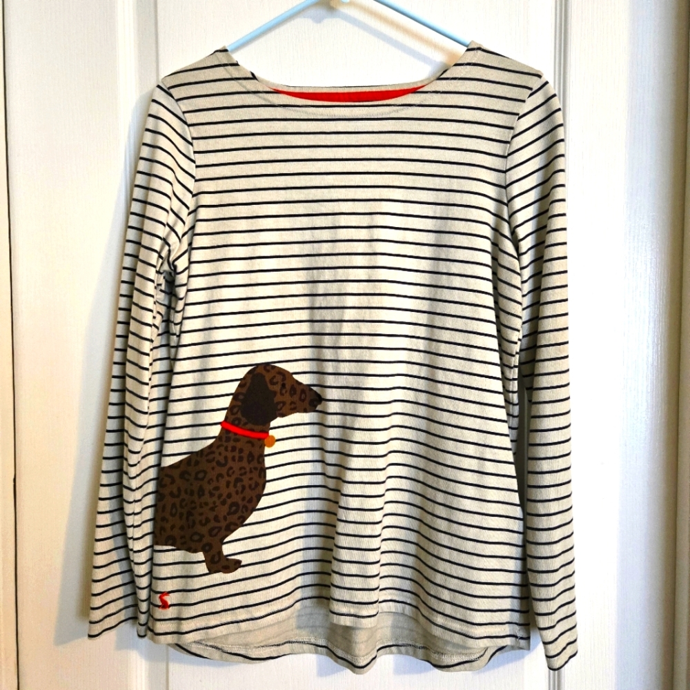 Joules White Black Striped Dachshund Dog Long Sleeve Top SZ 10 - Picture 1 of 6